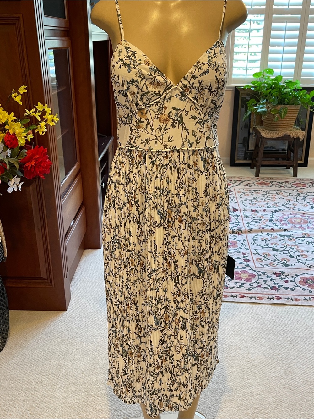 Lulu's Cream Midi Dress with Navy Floral Print - Picture 1 of 8